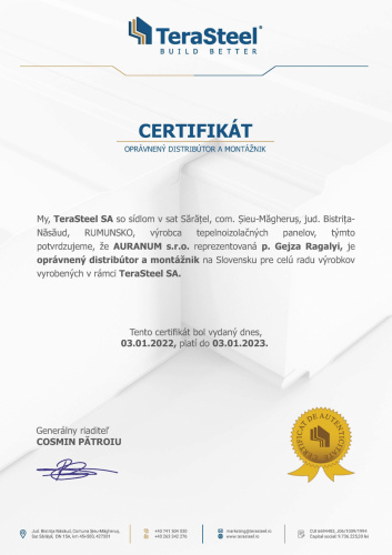 AURANUM s.r.o. reprezentovaná p. Gejza Ragalyi, je oprávnený distribútor a montážnik na Slovensku pre celú radu výrobkov vyrobených v rámci TeraSteel SA. AURANUM s.r.o. reprezentovaná p. Gejza Ragalyi, je oprávnený distribútor a montážnik na Slovensku pre celú radu výrobkov vyrobených v rámci TeraSteel SA.